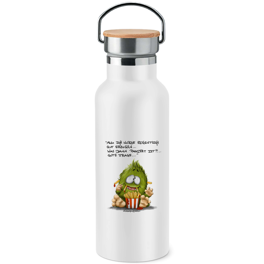 Edelstahl-Trinkflasche mit Bambusdeckel, Kruegerhausdesign mit Monster und Spruch, Also ich wurde eigentlich... #297