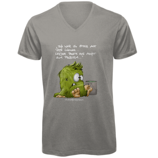 Herren Premium Bio V-Neck T-Shirt, Kruegerhausdesign Monster mit Spruch, helle Schrift, Ich war so stolz auf die Lösung, 298A