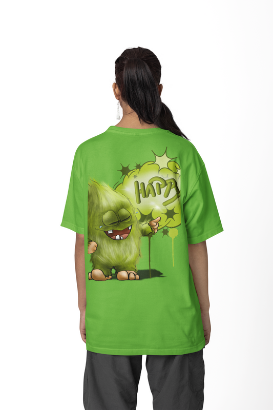 T-Shirt mit XXL Druck Kruegerhausdesign Monster in lime green Gr. S, L, XL "Happy"  limitierte Auflage