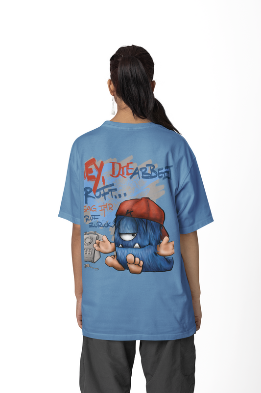 T-Shirt mit XXL Druck Kruegerhausdesign Monster in jeans blau Gr. S,M, L, XL, XXL, 3XL, Hey, die Arbeit ruft. Sag ihr, ich ruf zurück!, limitierte Auflage