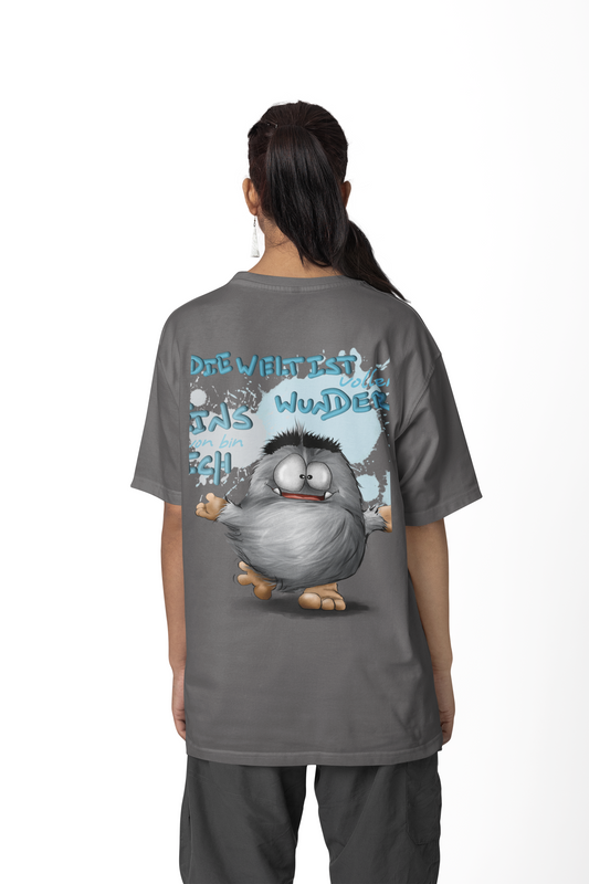 T-Shirt mit XXL Druck Kruegerhausdesign Monster in grau Gr. M, L, XL, XXL, 3XL Die Welt ist voller Wunder und eins davon bin ich!