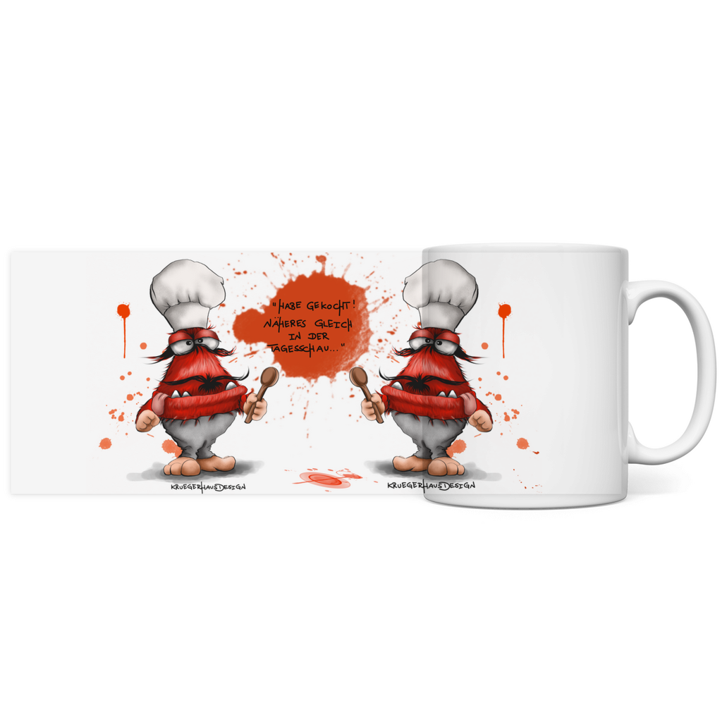 Tasse, Kaffeetasse, Teetasse, Kruegerhausdesign Monster mit Spruch, 2. Variante, Heute gekocht...