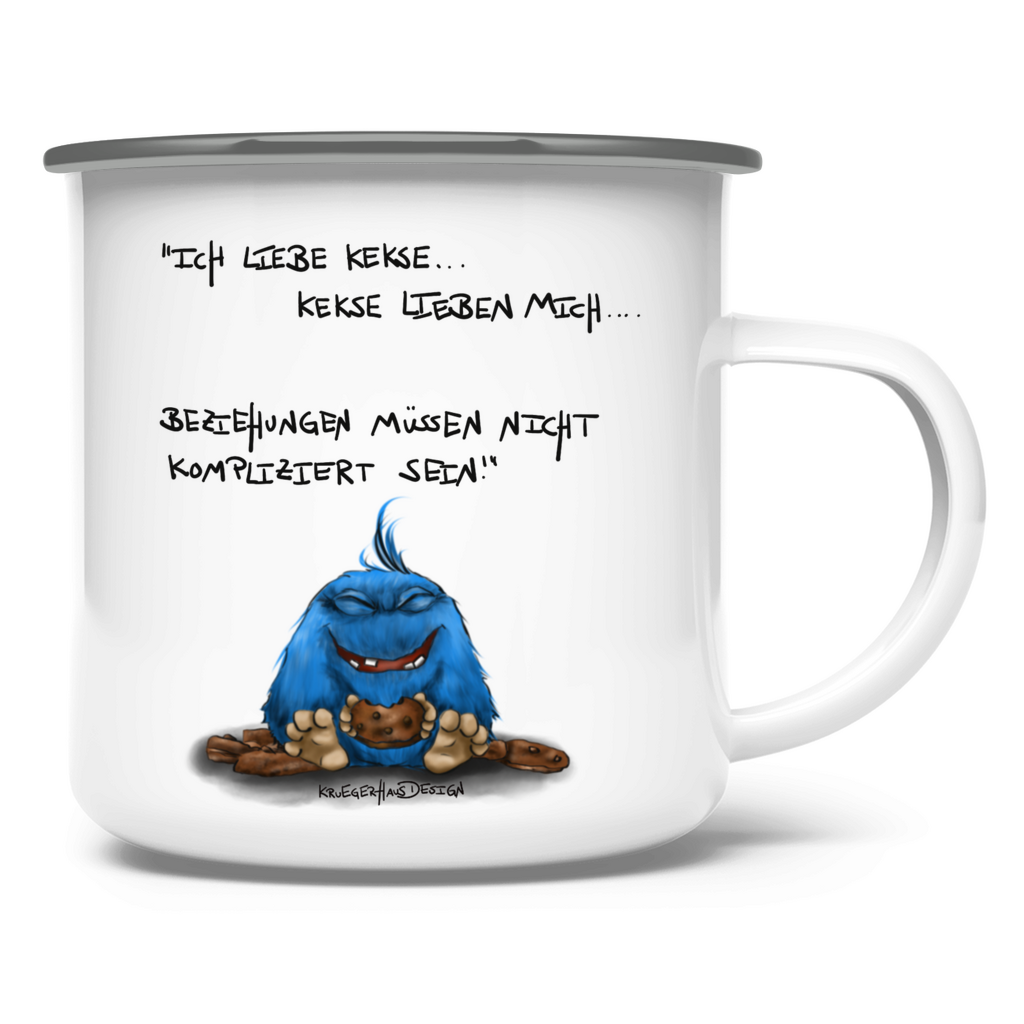 Emaille Tasse, Outdoor, Camping, Kruegerhausdesign Monster und Spruch, Ich liebe Kekse und Kekse lieben mich... #28