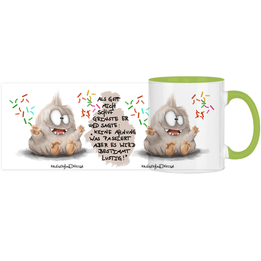 Tasse, Kaffeetasse, Teetasse, Kruegerhausdesign Monster mit Spruch, zweifarbig, 2. Vqariante, Als Gott mich schuf...