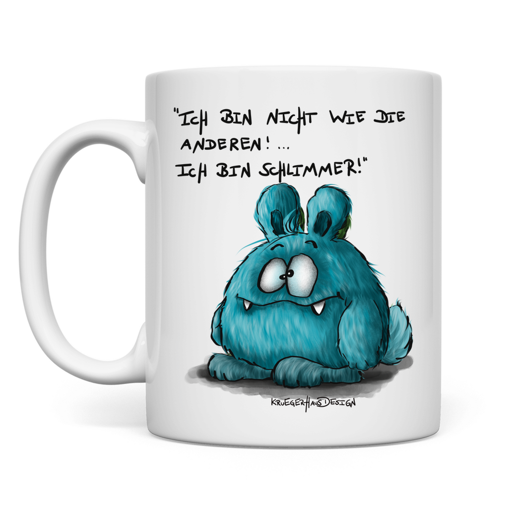 Tasse, Kaffeetasse, Teetasse, Kruegerhausdesign Monster mit Spruch, Ich bin nicht wie die anderen, blau #3a