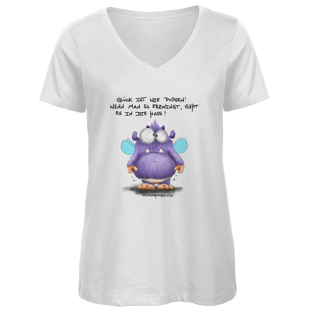 Damen Premium Bio V-Neck T-Shirt, Kruegerhausdesign Monster Spruch, schwarze Schrift, Glück ist wie Pupsen... #139