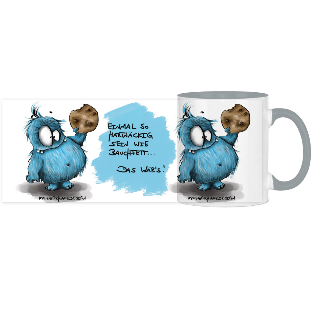 Tasse, Kaffeetasse, zweifarbig,  Kruegerhausdesign Monster und Spruch, 2. Variante, Einmal so hartnäckig...