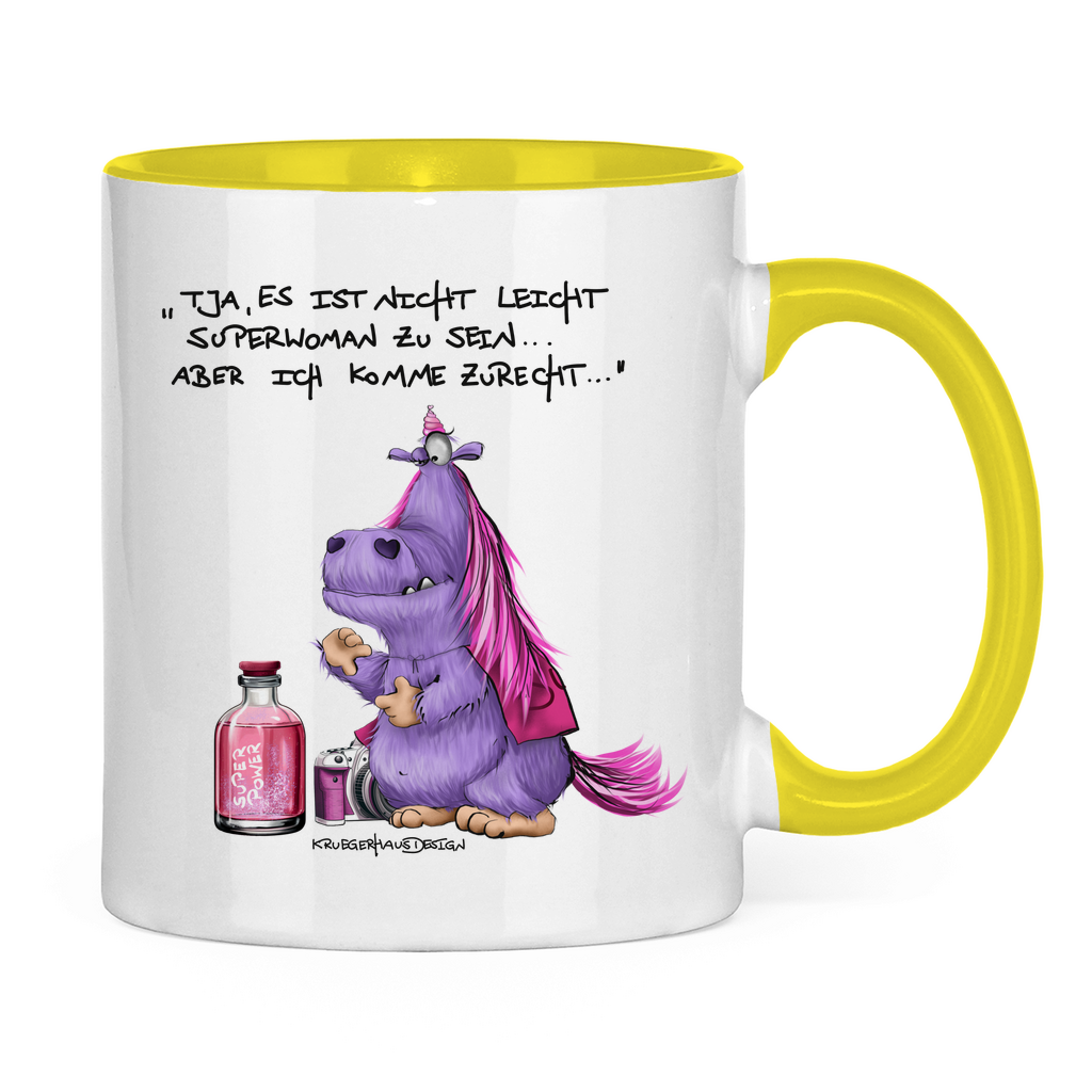 Tasse zweifarbig, Kaffeetasse, Teetasse, Kruegerhausdesign Monster mit Spruch, Tja, es ist nicht leicht Superwoman... #314