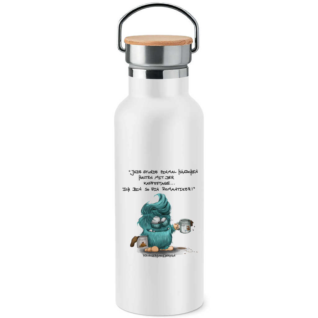 Edelstahl-Trinkflasche mit Bambusdeckel, Kruegerhausdesign Monster mit Spruch, Jede Stunde einmal Händchen... #180