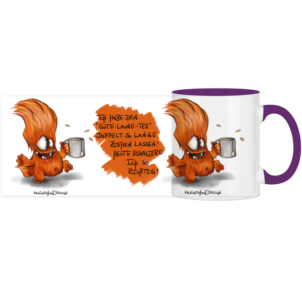 Tasse, Kaffeetasse, Teetasse, zweifarbig, Kruegerhausdesign Monster mit Spruch, 2. Variante, Ich hab den Gute-Laune-Tee...