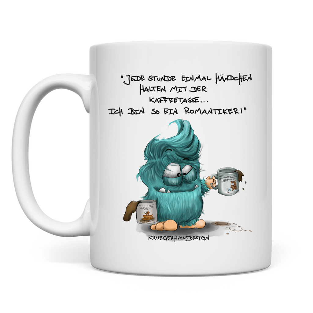 Tasse, Kaffeetasse, Teetasse, Kruegerhausdesign Monster mit Spruch, Jede Stunde einmal Händchen... #180