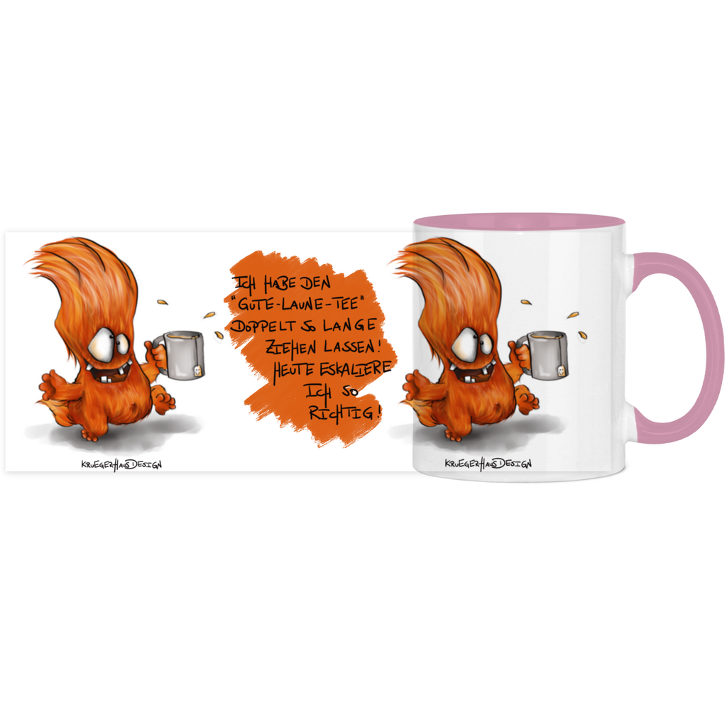 Tasse, Kaffeetasse, Teetasse, zweifarbig, Kruegerhausdesign Monster mit Spruch, 2. Variante, Ich hab den Gute-Laune-Tee...