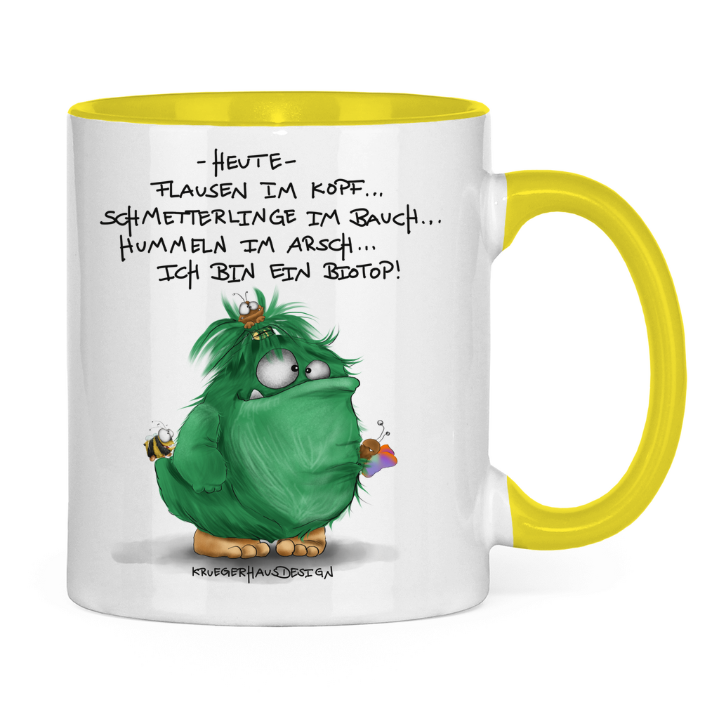 Tasse zweifarbig, Kaffeetasse, Teetasse, Kruegerhausdesign Monste mit Spruch, Heute, Flausen im Kopf... Biotop..#150