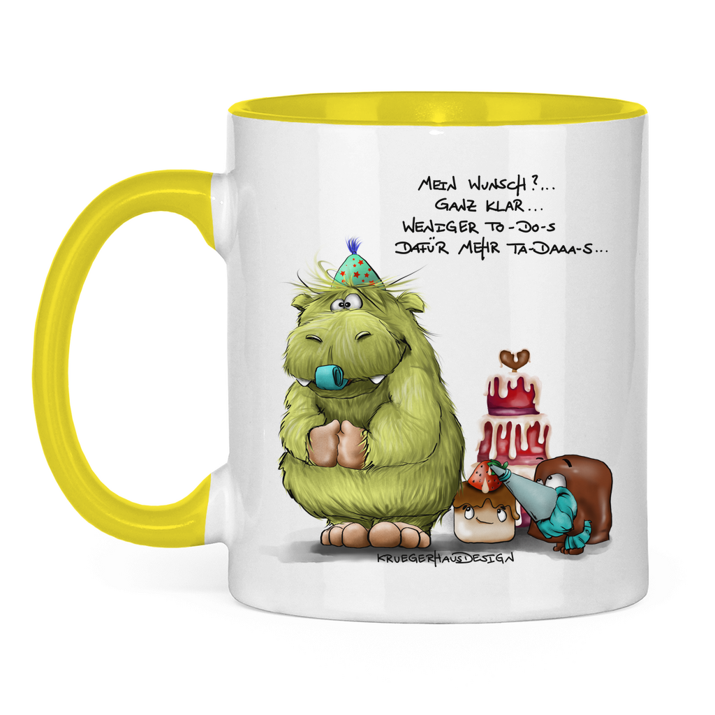 Tasse zweifarbig, Kaffeetasse, Teetasse,  Kruegerhausdesign mit Monster und Spruch, Mein Wunsch... #317