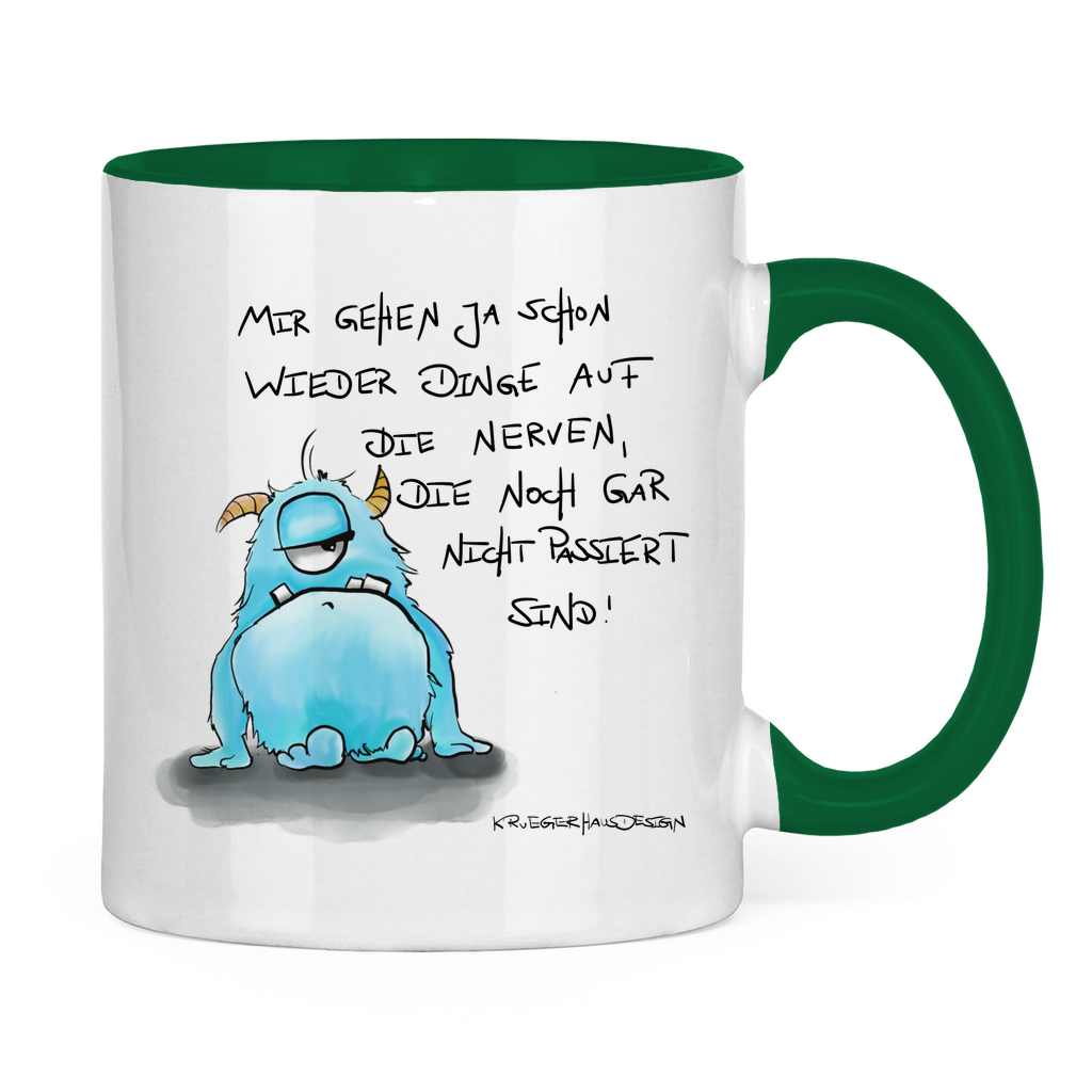 Tasse zweifarbig,Kaffeetasse, Teetasse, Kruegerhausdesign Monster mit Spruch, Mir gehen ja schon wieder Dinge auf die Nerven... #59