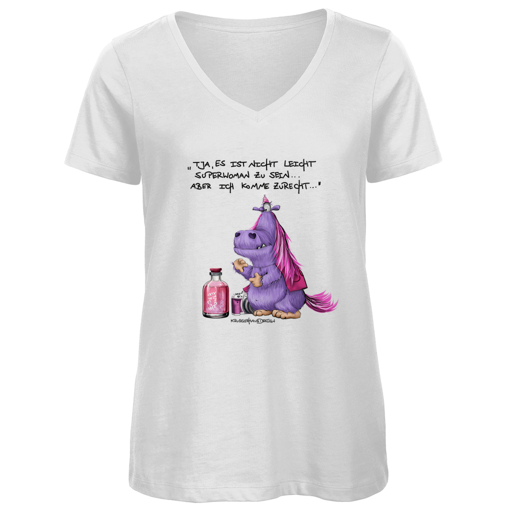 Damen Premium Bio V-Neck T-Shirt, Kruegerhasudesign Monster mit Spruch,Tja, es ist nicht leicht Superwoman... #314 #314