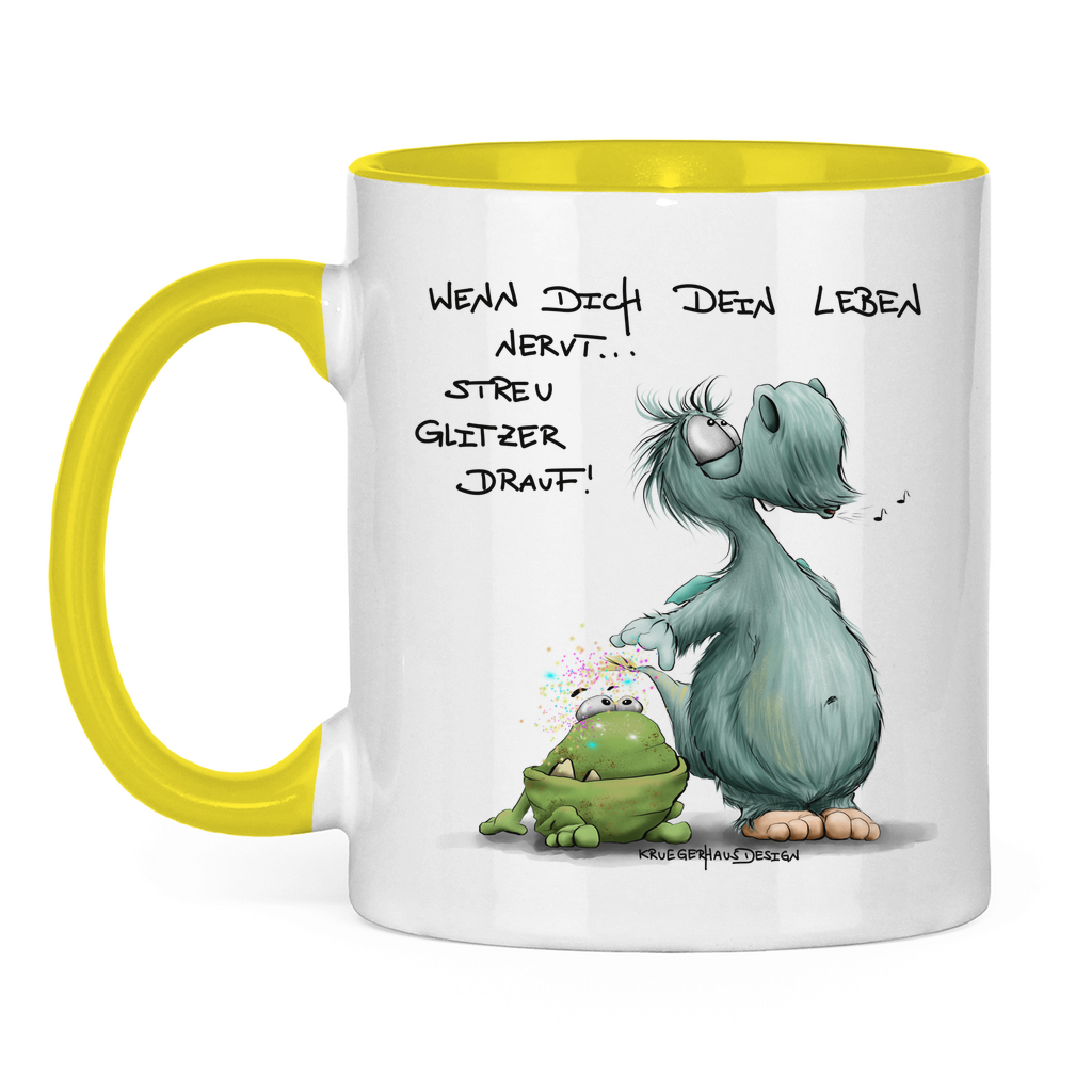 Tasse zweifarbig, Kaffeetasse, Teetasse, Kruegerhausdesign mit Monster und Spruch, Wenn dich dein Leben nervt... #253