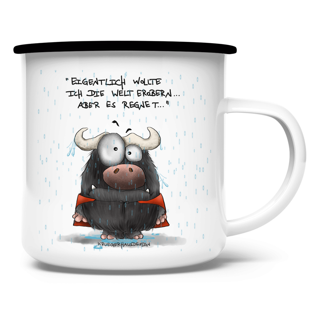 Emaille Tasse, Outdoor, Camping, Kruegerhausdesign Monster mit Spruch, Eigentlich wollte ich die Welt...  #163