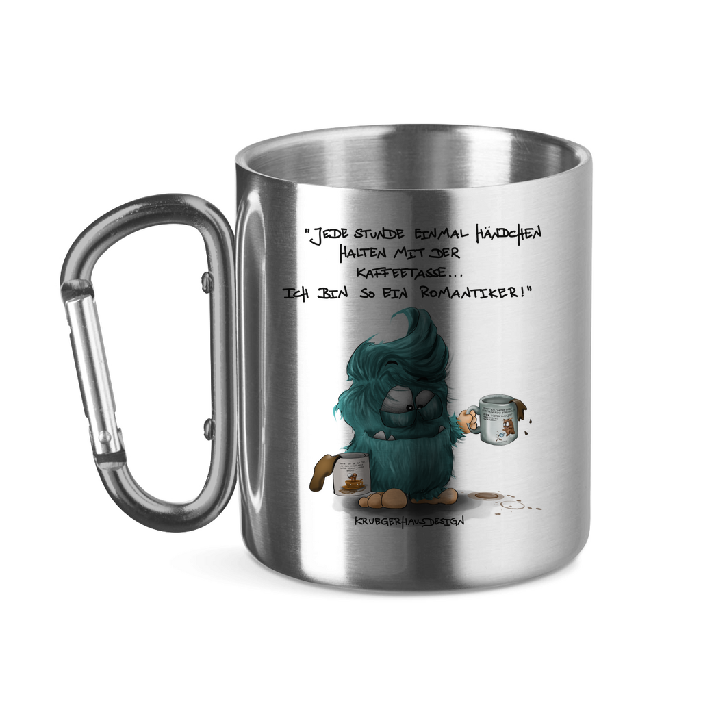 Edelstahltasse mit Karabinergriff, Outdoor, Camping Tasse, Kruegerhausdesign Monster mit Spruch, Jede Stunde einmal Händchen... #180