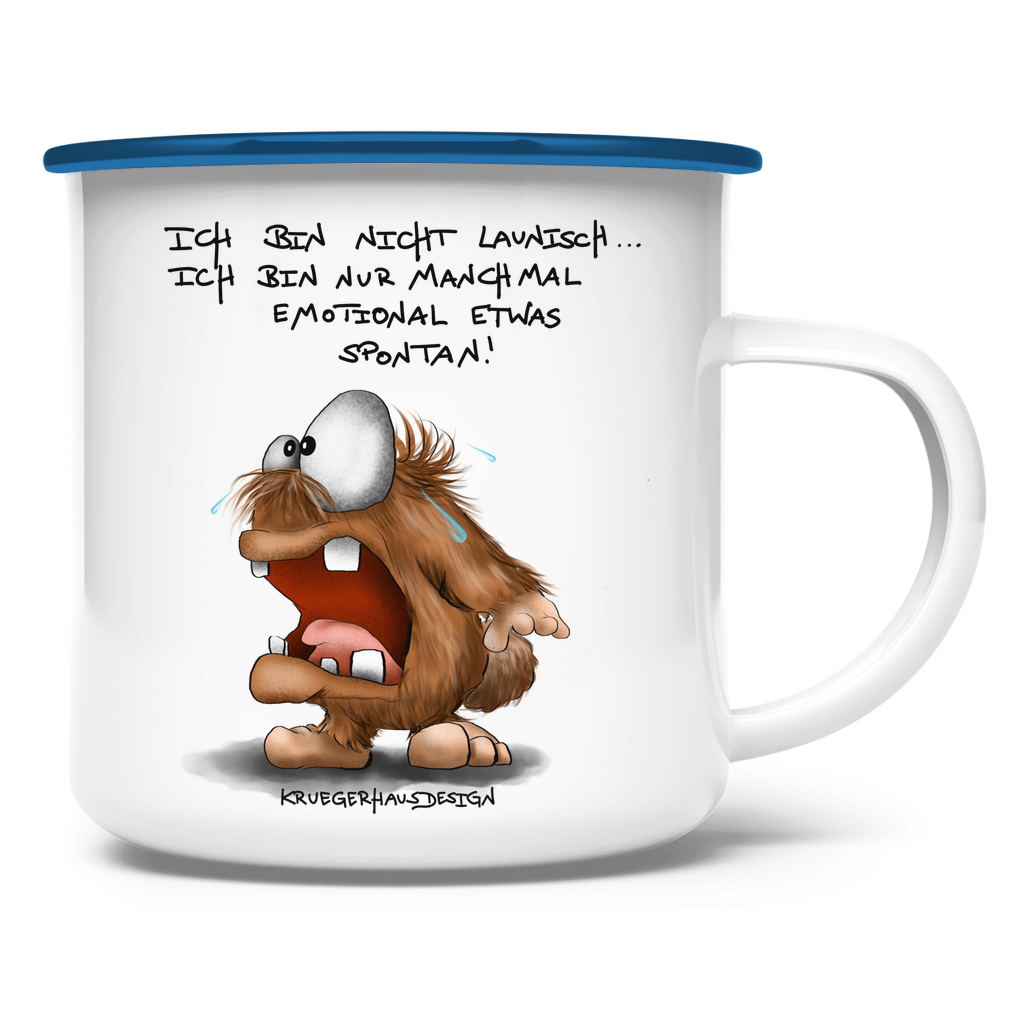 Emaille Tasse, Outdoor, Camping, Kruegerhausdesign Monster mit Spruch, Hugo, ich bin nicht launisch...#174