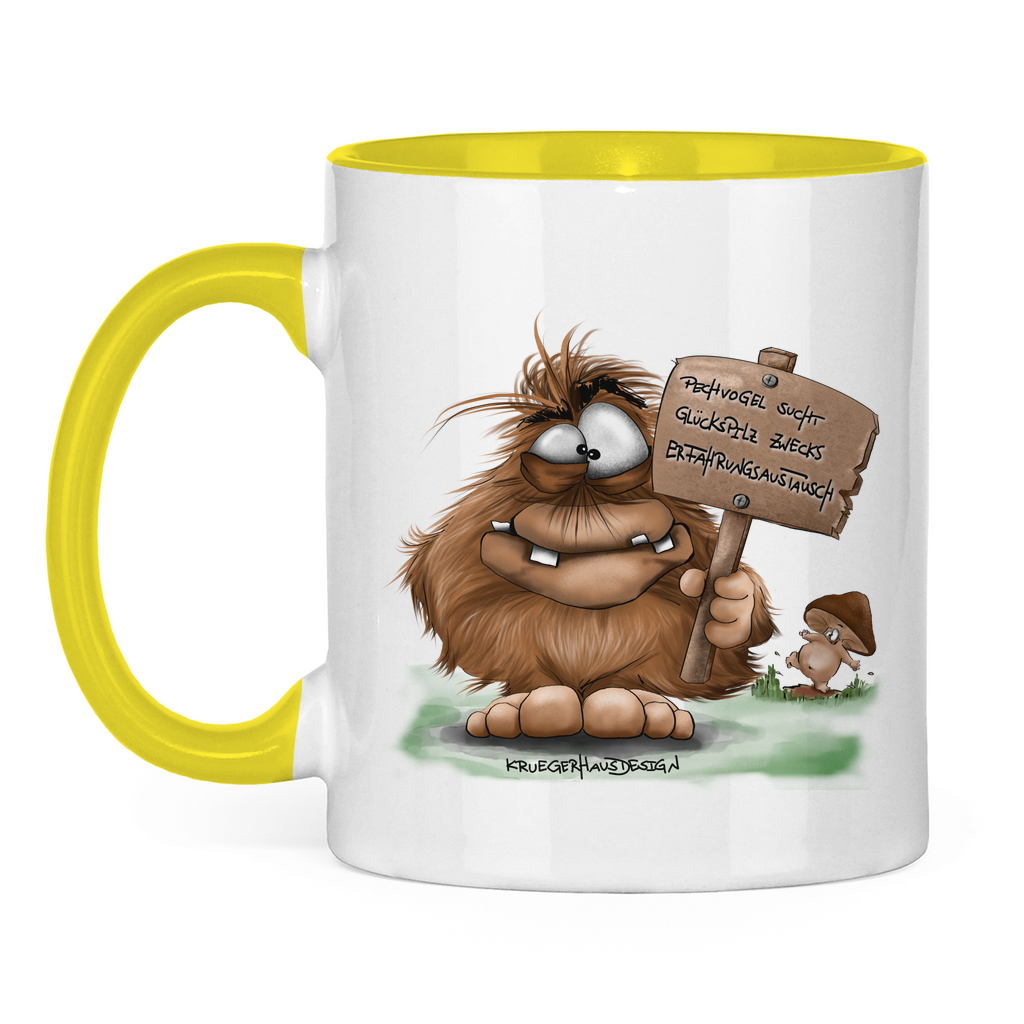 Tasse zweifarbig, Kaffeetasse, Teetasse, Kruegerhausdesign Monster mit Spruch, Pechvogel und Glückspilz