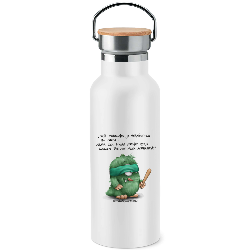 Edelstahl-Trinkflasche mit Bambusdeckel, Kruegerhausdesign Monster mit Spruch, Ich versuche ja vernünftig... #172
