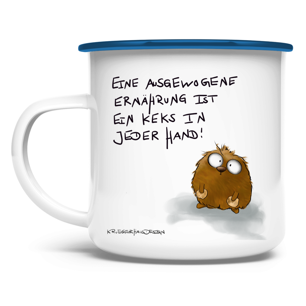 Emaille Tasse, Camping, Outdoor, Kruegerhausdesign Monster mit Spruch, Eine ausgewogene Ernährung ist... #70