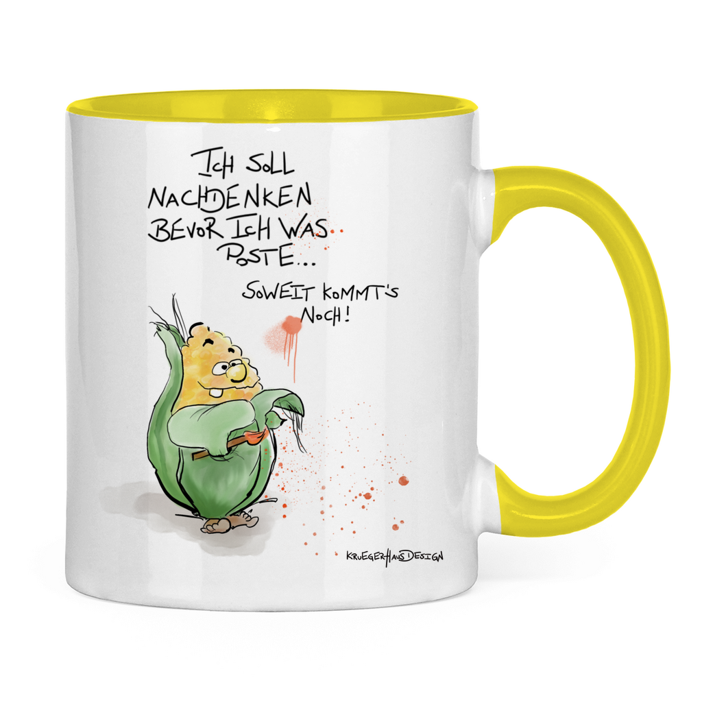 Tasse zweifarbig, Kaffeetasse, Teetasse, Kruegerhausdesign Monster mit Spruch, Ich soll nachdenken bevor ich was... #8