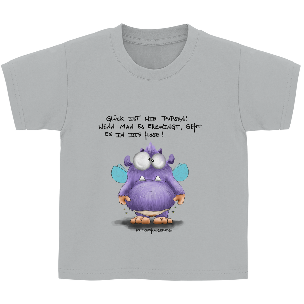 Kinder Basic T-Shirt, Kruegerhausdesign Monster Spruch, schwarze Schrift, Glück ist wie Pupsen... #139