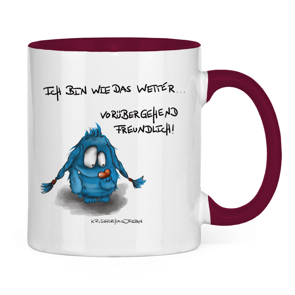 Tasse zweifarbig, Kaffeetasse, Teetasse,  Kruegerhausdesign Monster mit Spruch, Ich bin wie das Wetter... #50