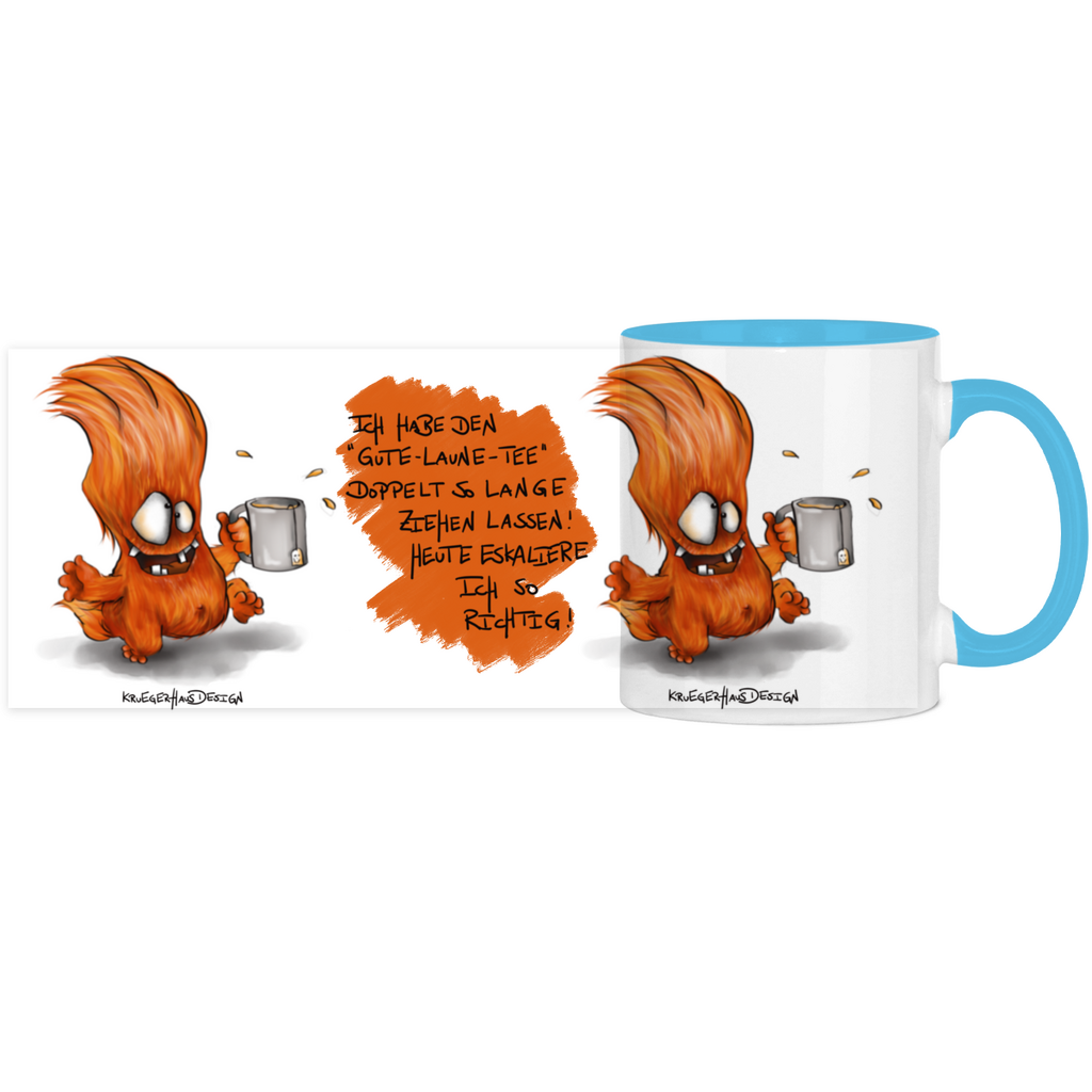 Tasse, Kaffeetasse, Teetasse, zweifarbig, Kruegerhausdesign Monster mit Spruch, 2. Variante, Ich hab den Gute-Laune-Tee...