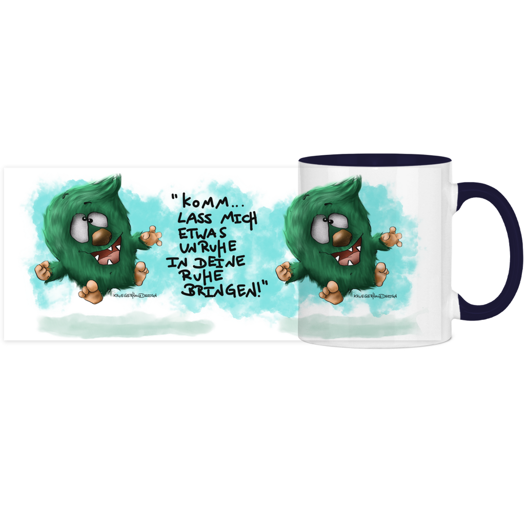 Tasse, Kaffeetasse, Teetasse, zweifarbig, Kruegerhausdesign Monster mit Spruch, 2. Variante, Komm lass mich etwas Unruhe...