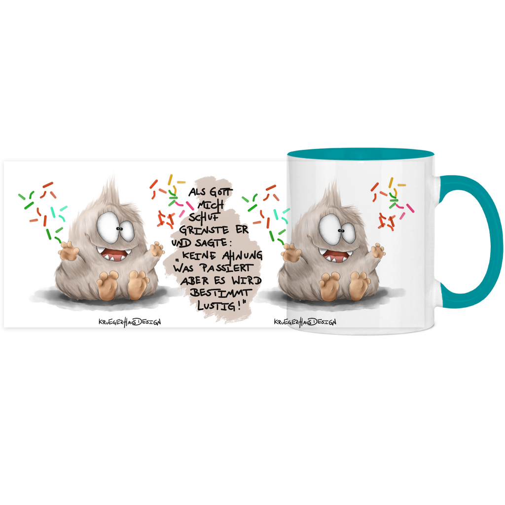 Tasse, Kaffeetasse, Teetasse, Kruegerhausdesign Monster mit Spruch, zweifarbig, 2. Vqariante, Als Gott mich schuf...