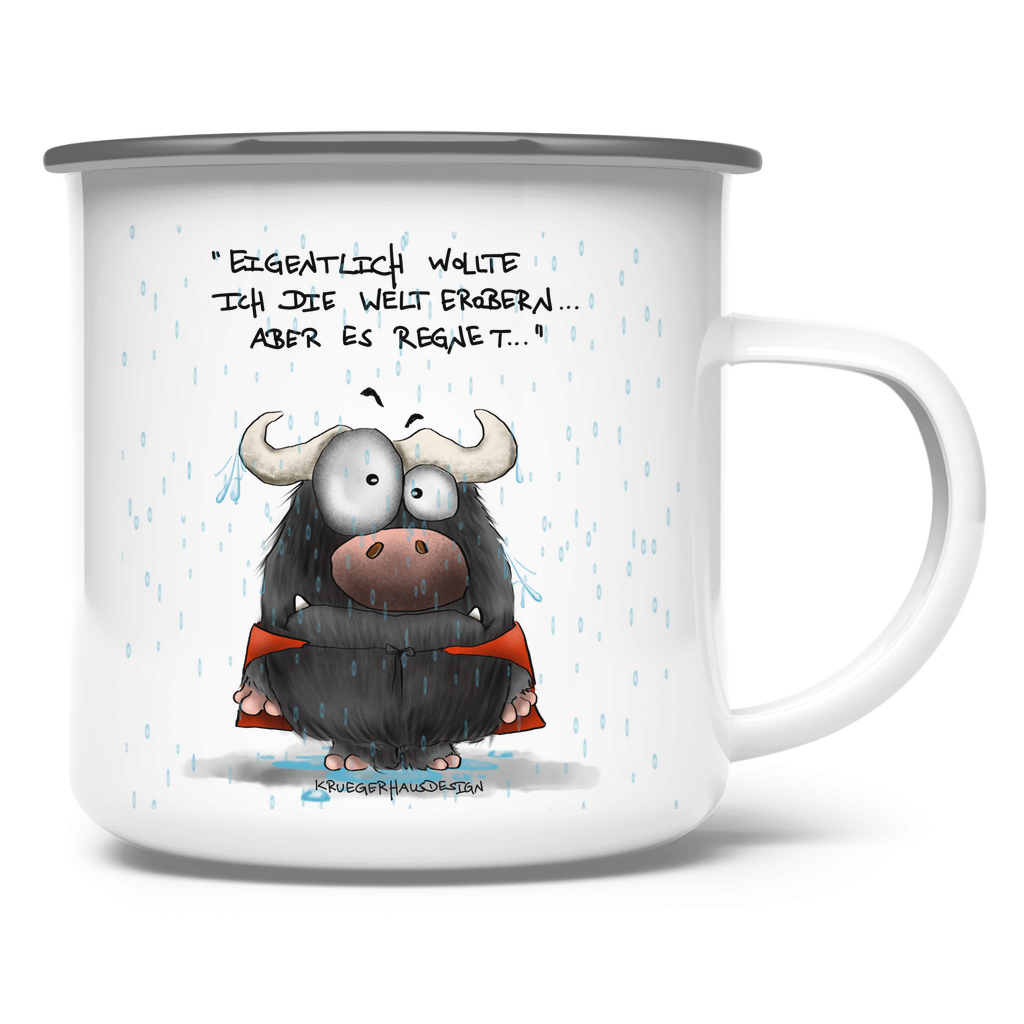 Emaille Tasse, Outdoor, Camping, Kruegerhausdesign Monster mit Spruch, Eigentlich wollte ich die Welt...  #163