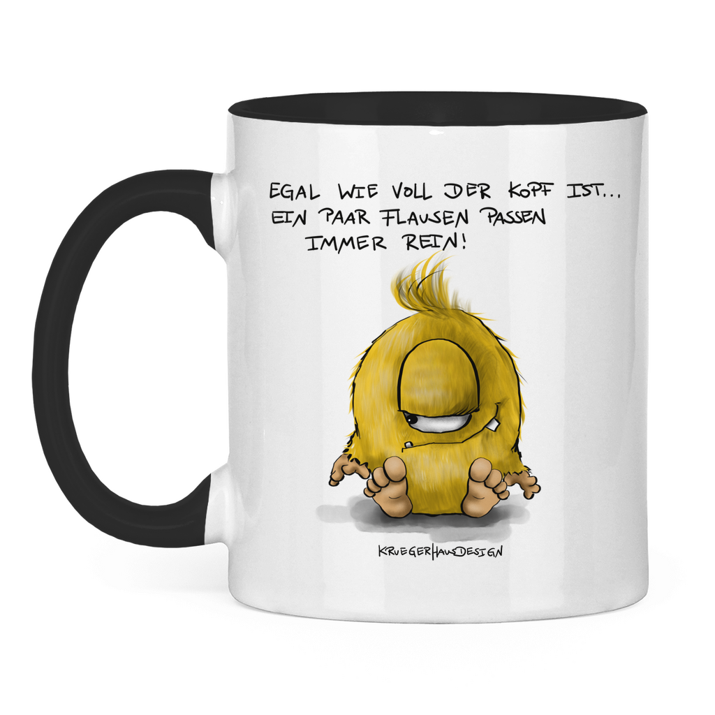 Tasse zweifarbig, Kaffeetasse, Teetasse, Kruegerhausdesign Monster und Spruch, Egal wie voll der Kopf ist, ein paar Flausen... #79