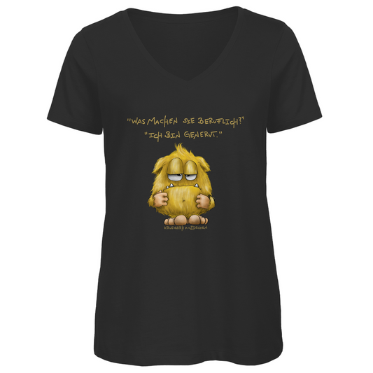 Damen Premium Bio V-Neck T-Shirt, SLIM FIT!, Kruegerhausdesign Monster mit Spruch, Was machen Sie beruflich? Ich bin genervt... #110hell