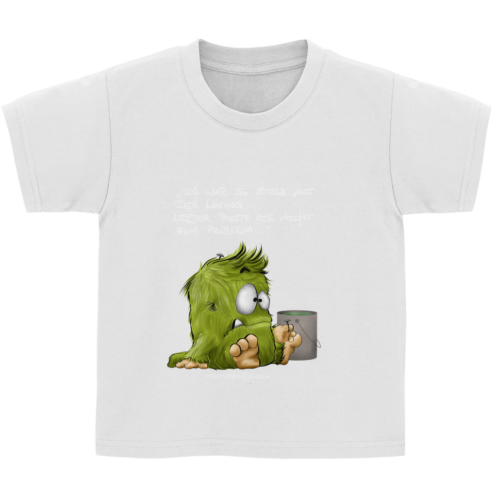 Kinder Basic T-Shirt, Kruegerhausdesign Monster mit Spruch, helle Schrift, Ich war so stolz auf die Lösung, 298A