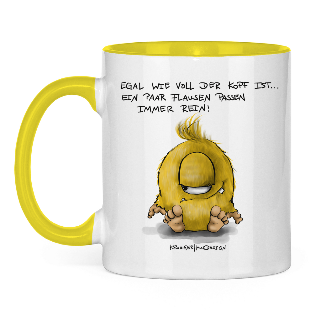 Tasse zweifarbig, Kaffeetasse, Teetasse, Kruegerhausdesign Monster und Spruch, Egal wie voll der Kopf ist, ein paar Flausen... #79