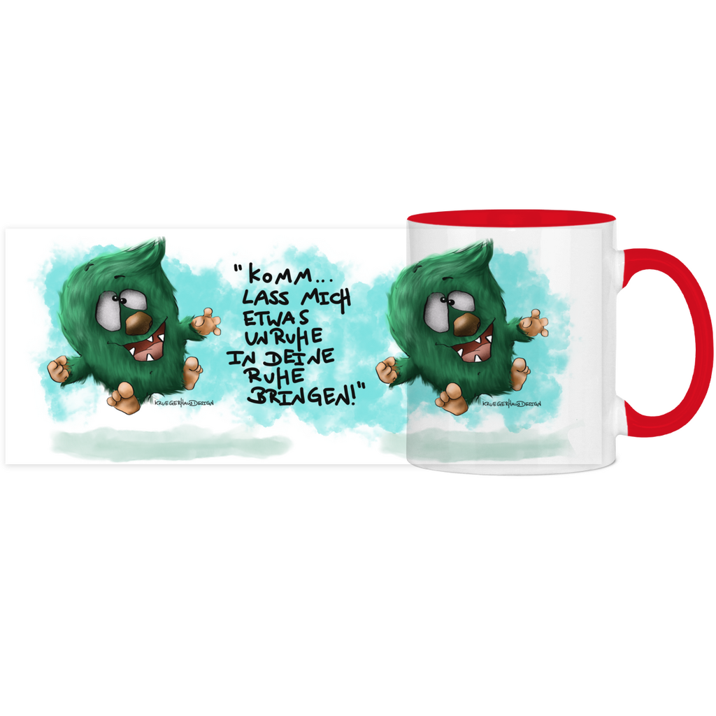 Tasse, Kaffeetasse, Teetasse, zweifarbig, Kruegerhausdesign Monster mit Spruch, 2. Variante, Komm lass mich etwas Unruhe...