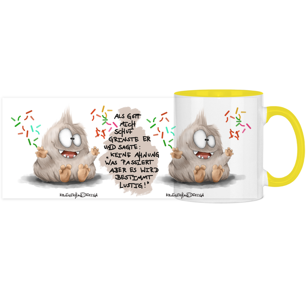 Tasse, Kaffeetasse, Teetasse, Kruegerhausdesign Monster mit Spruch, zweifarbig, 2. Vqariante, Als Gott mich schuf...