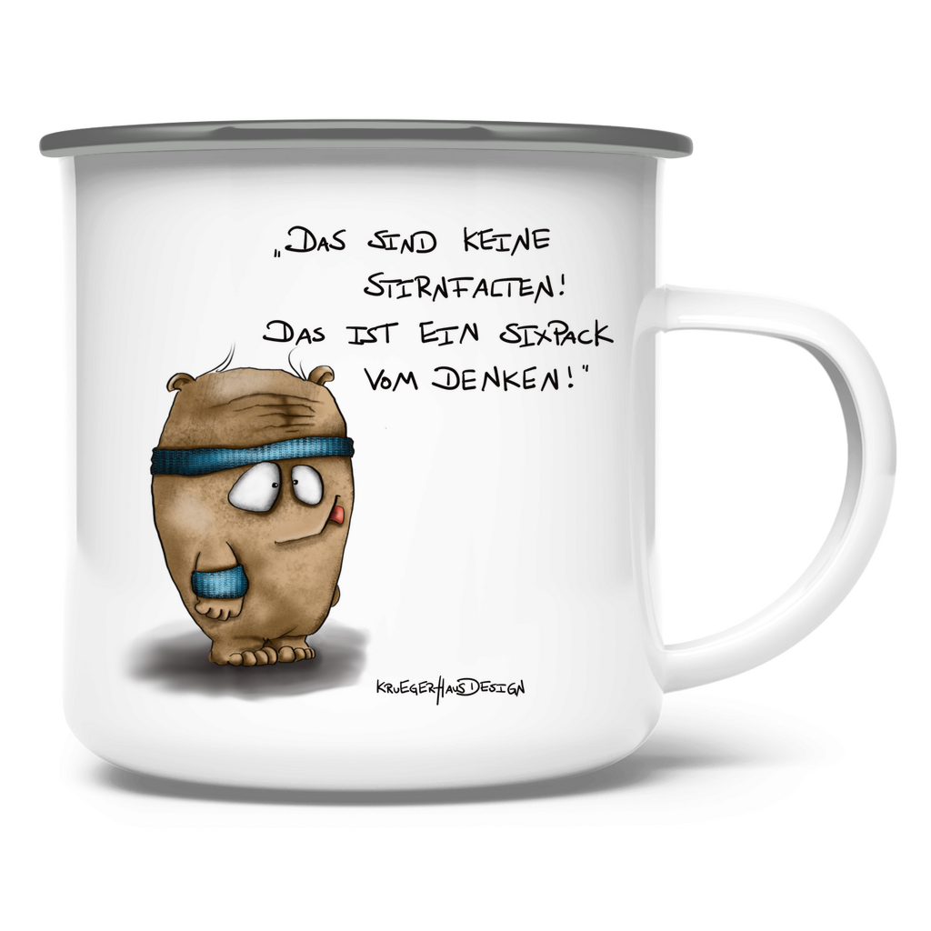 Emaille Tasse, Camping, Outdoor, Kruegerhausdesign Monster mit Spruch, Das sind keine Stirnfalten !... #40