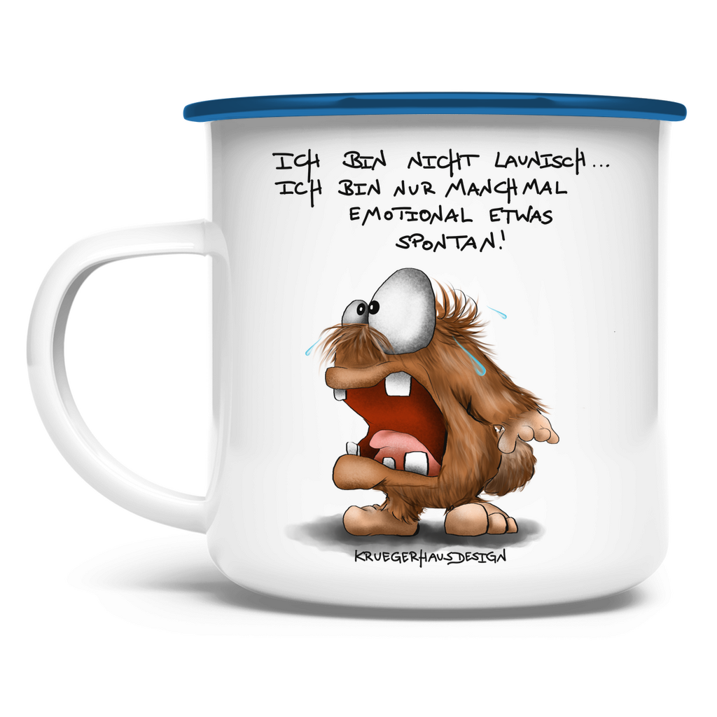 Emaille Tasse, Outdoor, Camping, Kruegerhausdesign Monster mit Spruch, Hugo, ich bin nicht launisch...#174