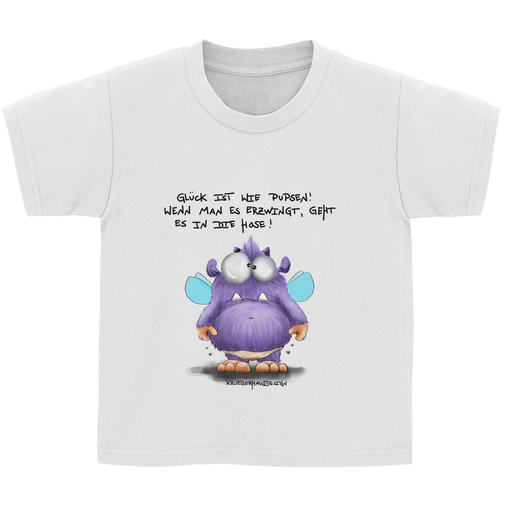 Kinder Basic T-Shirt, Kruegerhausdesign Monster Spruch, schwarze Schrift, Glück ist wie Pupsen... #139