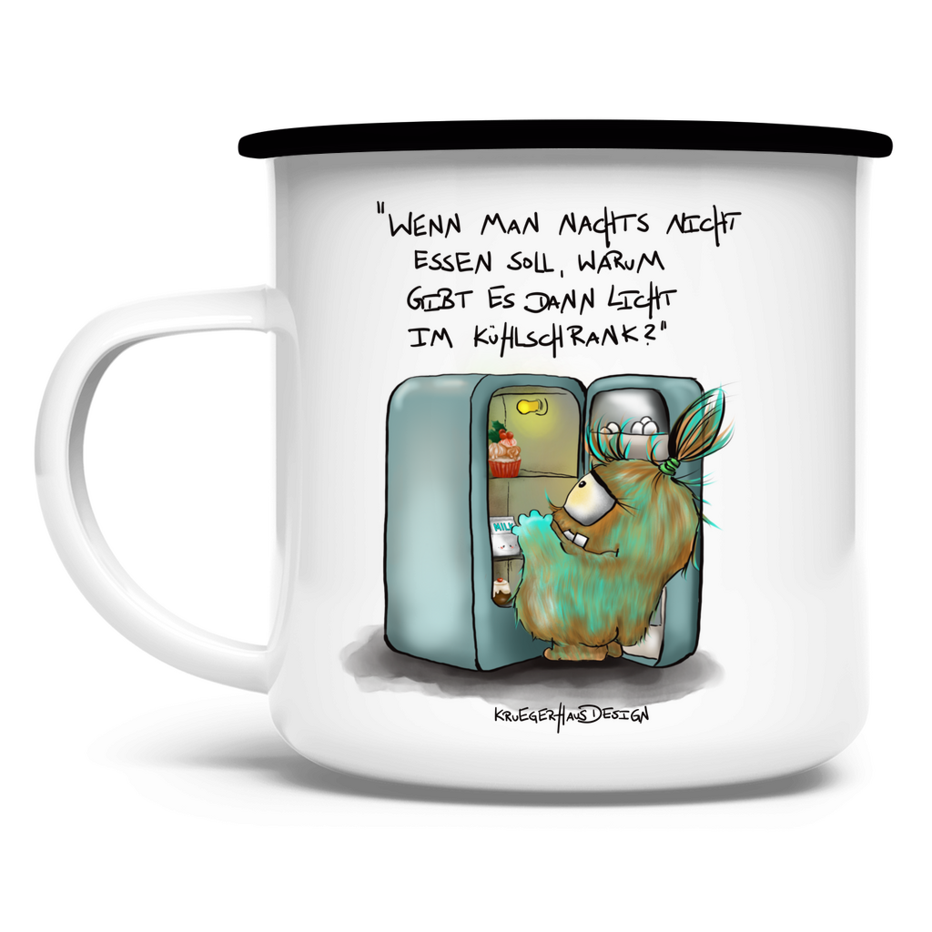 Emaille Tasse, Outdoor, Camping, Kruegerhausdesign Monster mit Spruch, Wenn man nachts nicht essen soll... #43