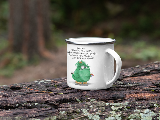 Outdoor Emaille Tasse, Kaffeetasse von Kruegerhausdesign mit Monster und Spruch freie Wahl Vollbild Druck