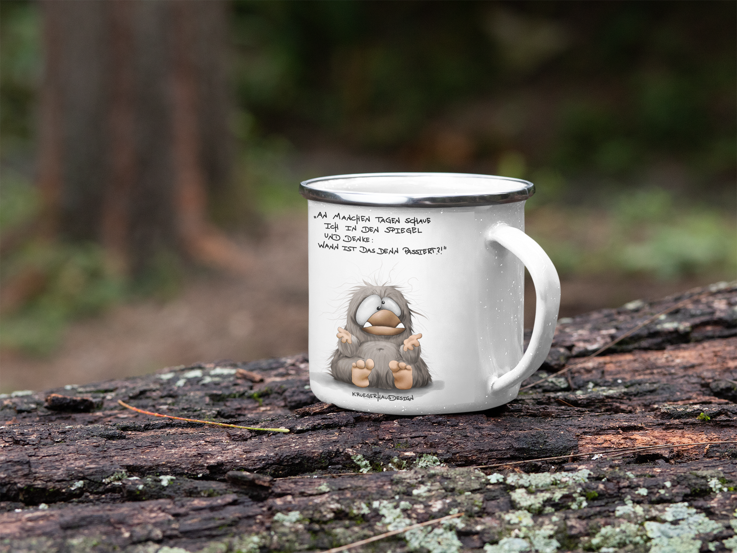 Outdoor Emaille Tasse, Kaffeetasse von Kruegerhausdesign mit Monster und Spruch "An manchen Tagen…“