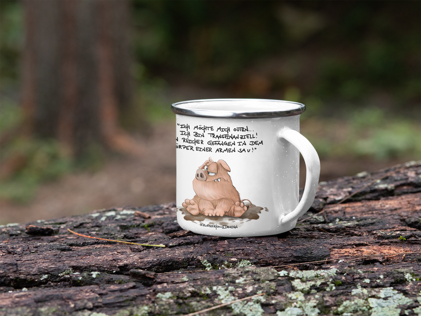 Outdoor Emaille Tasse, Kaffeetasse von Kruegerhausdesign mit Monster und Spruch "Ich möchte mich ourten..."