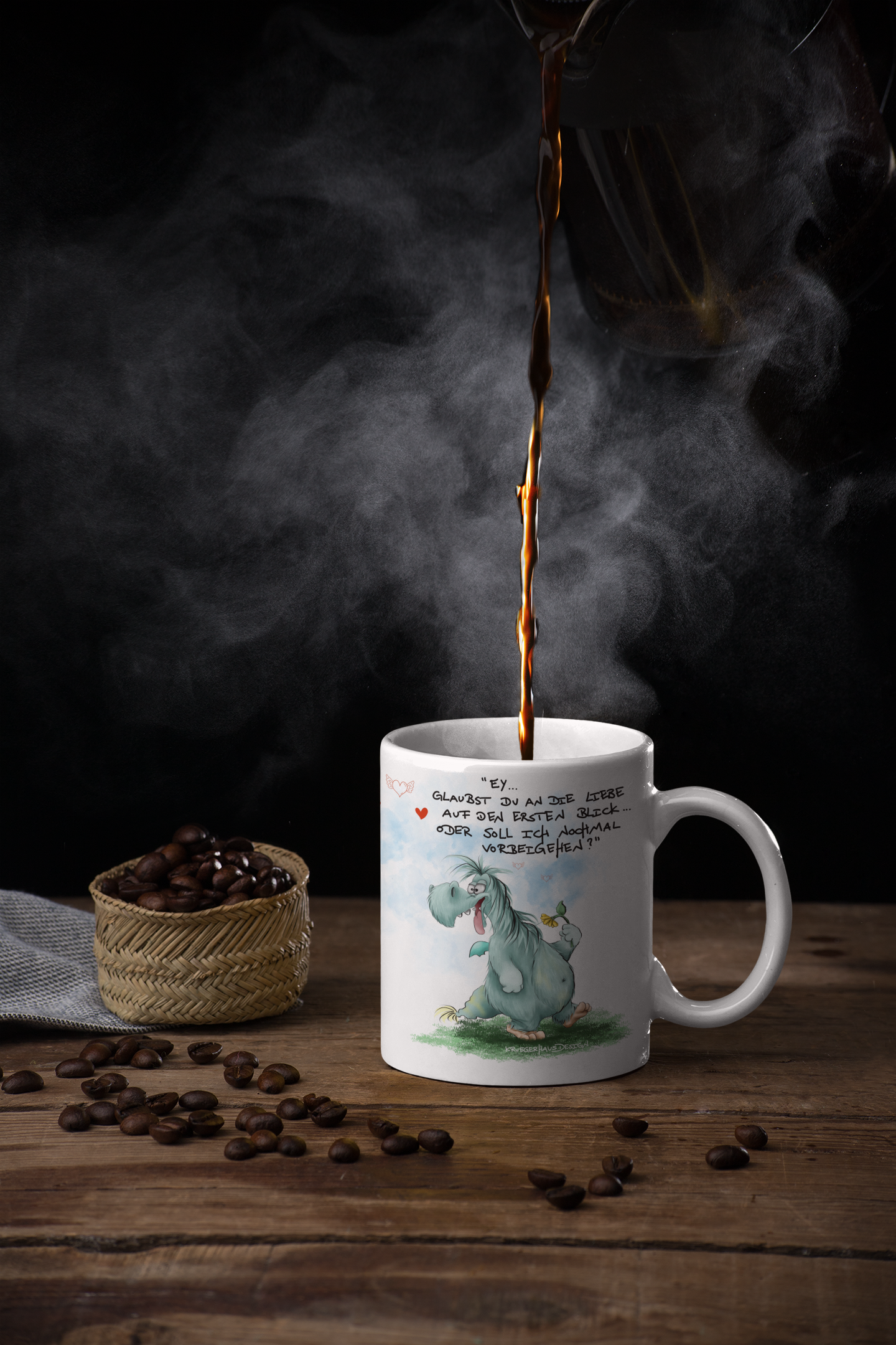 Tasse, Kaffeetasse Kruegerhausdesign Monster und Spruch "Ey, glaubst du an..." Volldruck