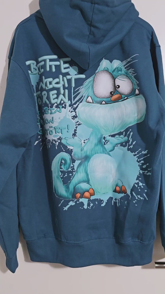 Unisex Hoodie XXL Druck Kruegerhausdesign Monster in petrol Gr. L, Monster: Bitte nicht stören! Ich bin schon gestört!
