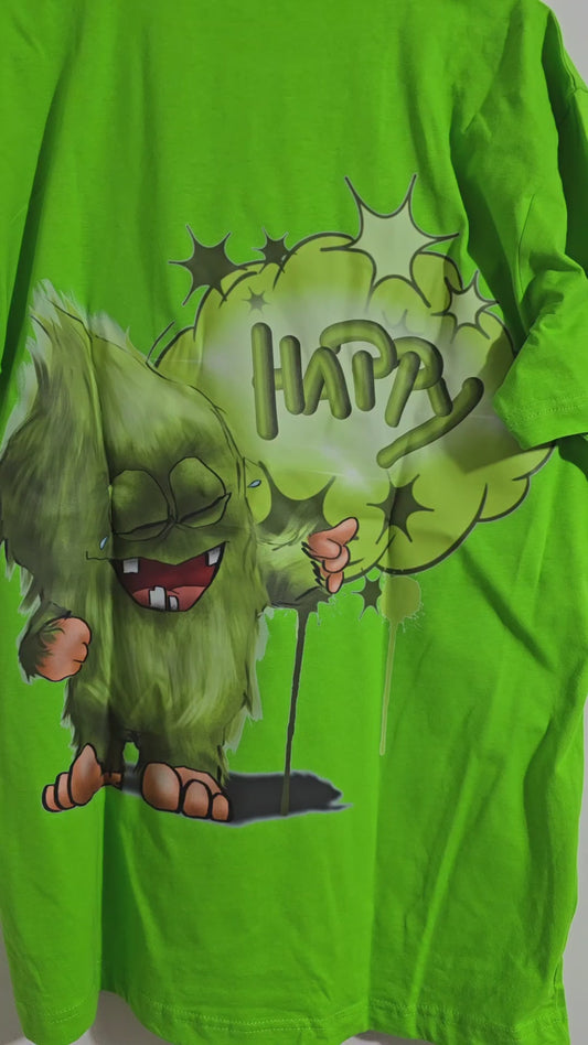 T-Shirt mit XXL Druck Kruegerhausdesign Monster in lime green Gr. S, L, XL "Happy"  limitierte Auflage